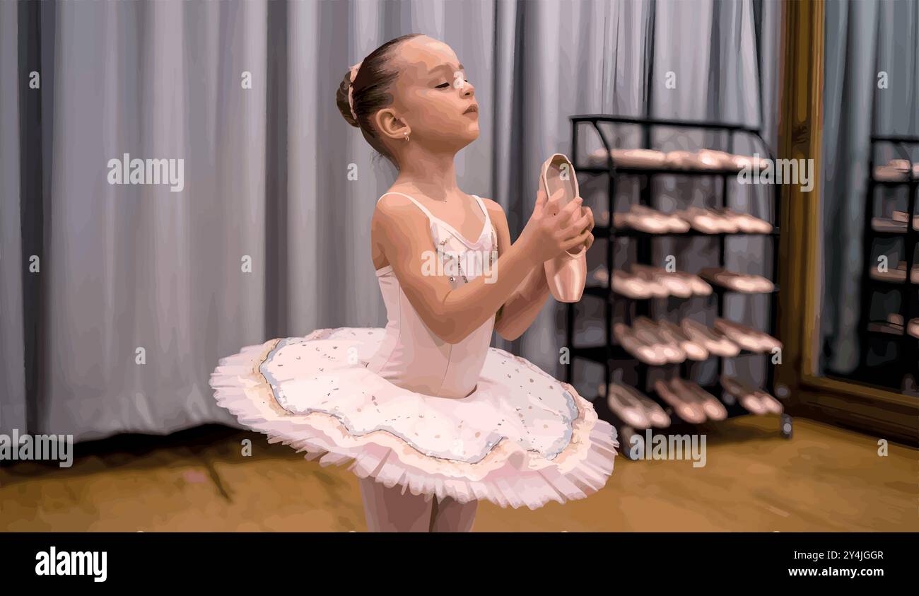 Una giovane ragazza sta dietro le quinte nel suo tutu, i suoi occhi brillano di un mix di nervosismo e gioia mentre si prepara per la sua primissima performance di balletto. Illustrazione Vettoriale