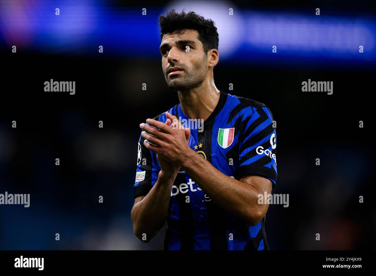 Manchester, Regno Unito. 18 settembre 2024. Mehdi Taremi del FC Internazionale gesti al termine della partita di calcio della fase MD1 della UEFA Champions League 2024/25 tra Manchester City FC e FC Internazionale. Crediti: Nicolò campo/Alamy Live News Foto Stock