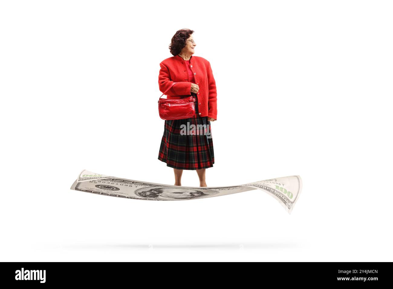 Donna anziana che vola su una banconota da un dollaro isolata su sfondo bianco Foto Stock