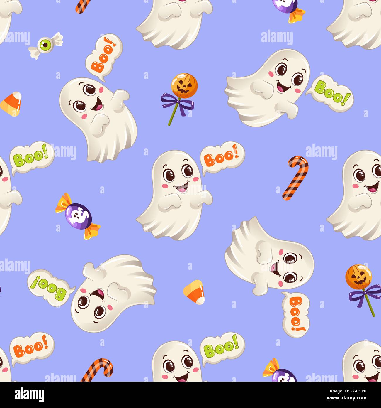Motivo vettoriale senza cuciture con simpatici fantasmi sorridenti, caramelle di Halloween e testo boo giocoso su sfondo viola chiaro Illustrazione Vettoriale