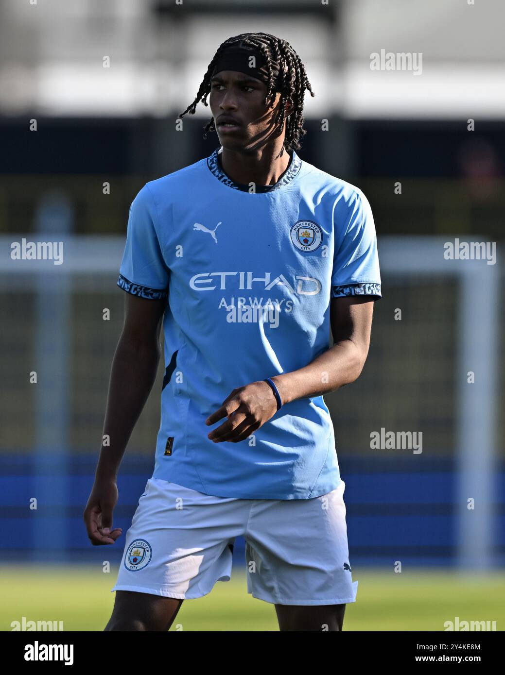 Manchester, Regno Unito. 18 settembre 2024. Reigan Heskey del Manchester City durante la partita di UEFA Youth League Manchester City vs Inter Milan al Joie Stadium di Manchester, Regno Unito, 18 settembre 2024 (foto di Cody Froggatt/News Images) a Manchester, Regno Unito, il 18 settembre 2024. (Foto di Cody Froggatt/News Images/Sipa USA) credito: SIPA USA/Alamy Live News Foto Stock