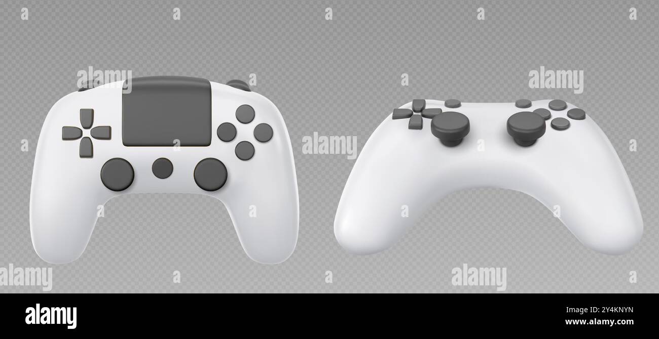Controller per videogiochi isolato su sfondo trasparente. Illustrazione vettoriale realistica di joystick 3D bianco con pulsanti neri vista dall'alto e laterale, apparecchiature elettroniche per hobby di gioco vr, joypad Illustrazione Vettoriale