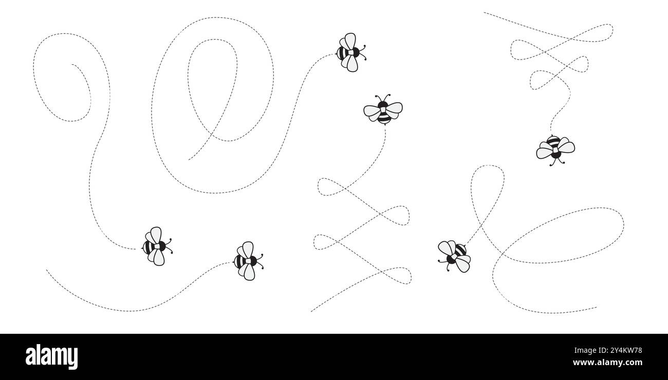 Acrobazie aeree delle api. Ipnotici percorsi punteggiati che formano spirali, loop e forme del cuore Illustrazione Vettoriale