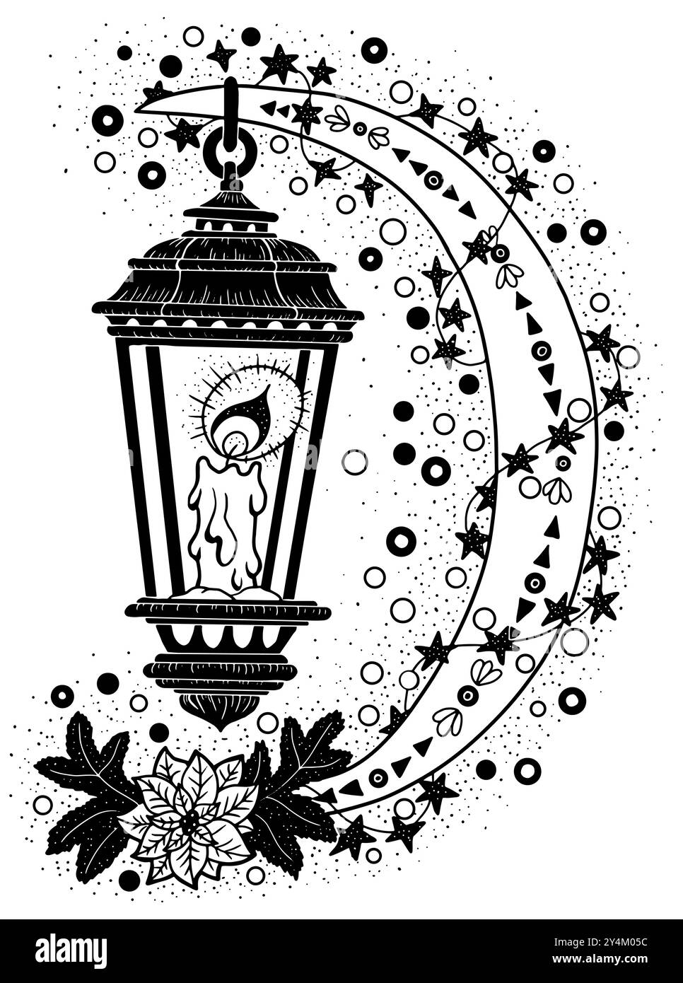 Illustrazione vettoriale disegnata a mano con lanterna d'epoca e luna decorata sul bianco. Oggetto o elemento esoterico, gotico e mistico. Halloween e New Illustrazione Vettoriale