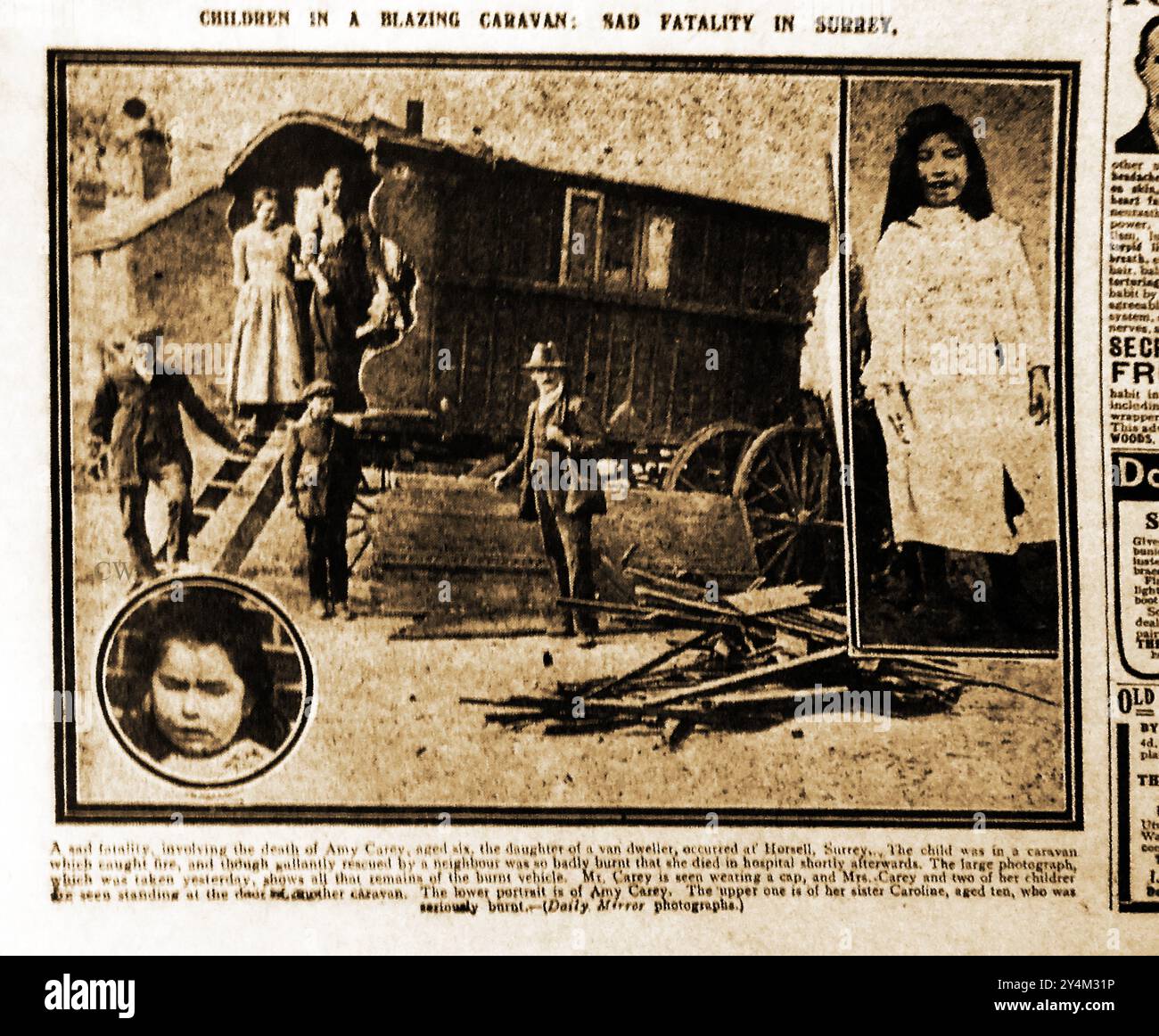1912 incendio della carovana del viaggiatore - notizia della morte della viaggiatrice Amy Carey di 6 anni, bruciata in carovana presso l'accampamento Gypsy-Traveller a Well Lane, Horsell Surrey. REGNO UNITO. La famiglia che viveva nella carovana è mostrata con Amy che è morta (nella foto circolare) e la sorella Caroline, gravemente bruciata, di dieci anni a destra. La causa dell'incendio è stata una lampada a paraffina turbata da uno dei bambini mentre i loro genitori erano fuori al cinema. Foto Stock