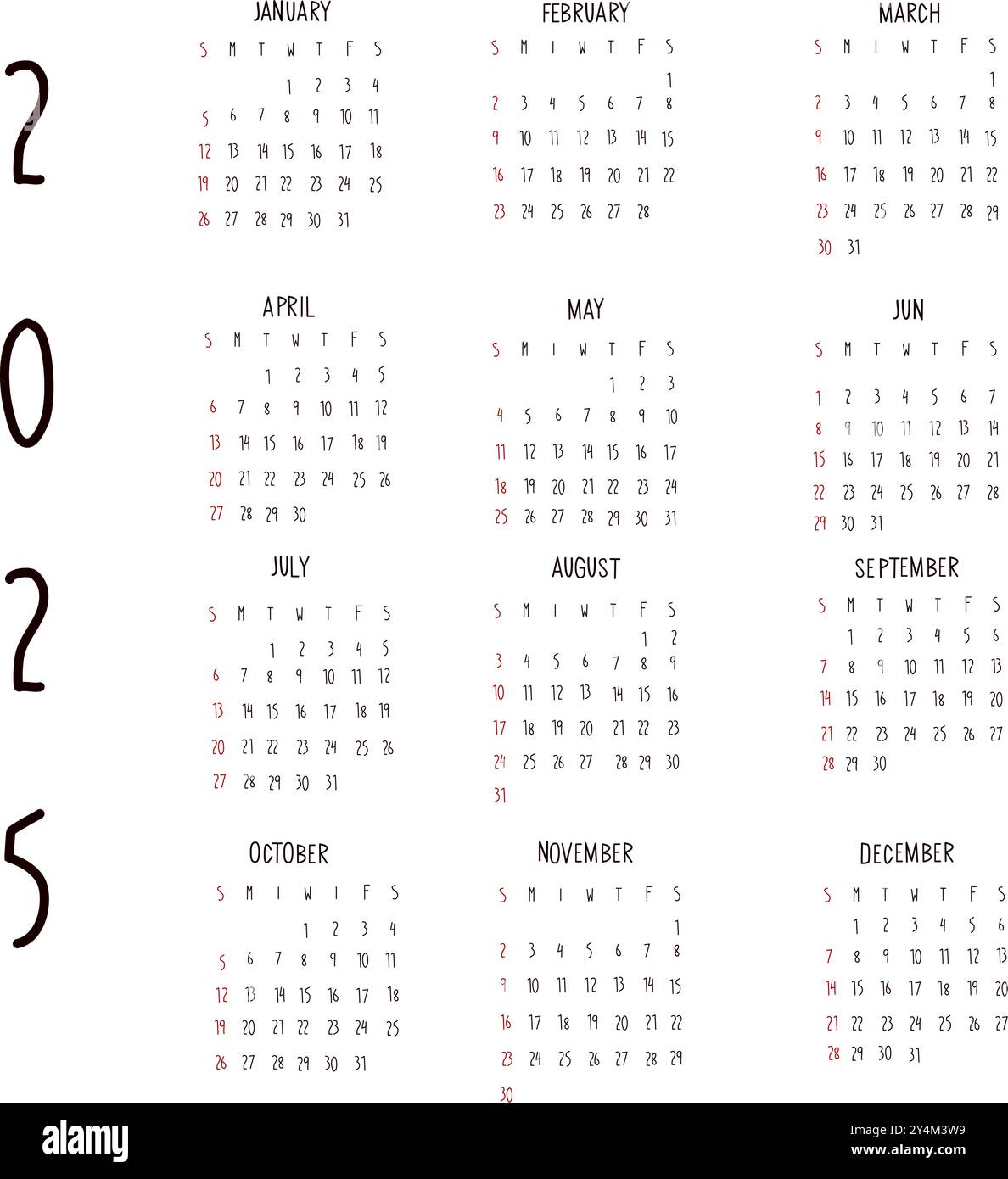 2025 calendario disegnato a mano. Calendario moderno, pianificatore mensile. Illustrazione vettoriale disegnata a mano. Design semplice e moderno Illustrazione Vettoriale