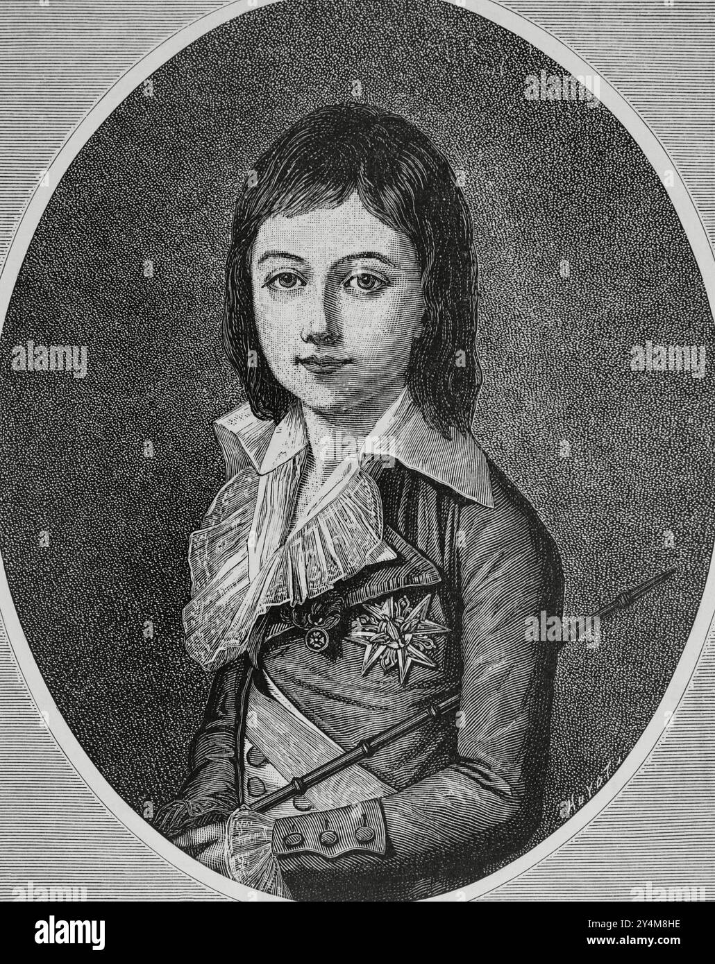 Luigi XVII (Louis Charles) (1785-1795). Pretendente re di Francia. Morì all'età di dieci anni nella prigione del Tempio di Parigi durante la Rivoluzione francese. Incisione di Huyot. Copia di un dipinto di Vigée le Brun. La Ilustración Española y americana (illustrazione spagnola e americana). 22 marzo 1884. Foto Stock