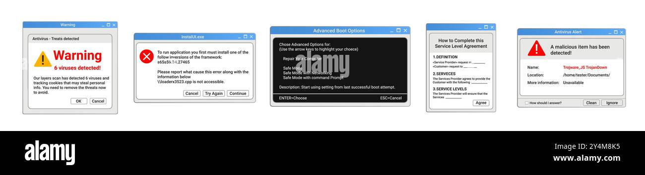 Avvisi relativi ai virus. Opzioni del menu di avvio. Illustrazione Vettoriale