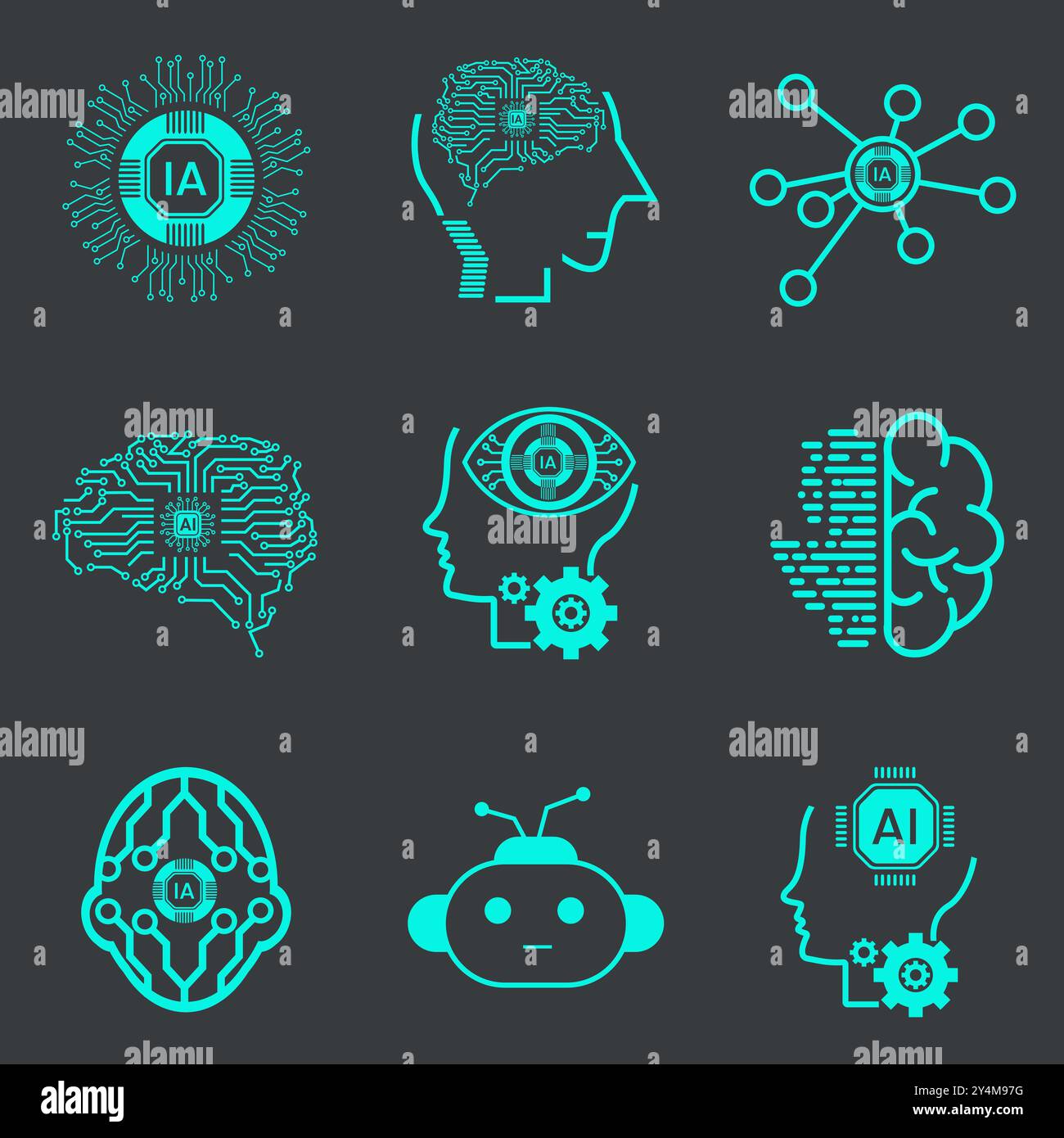 Il gruppo di icone di intelligenza artificiale, simboli, interfacce utente degli elementi, raccolta di icone tecnologiche, come robot, digitale, vr, ai, cyber e Vector li Illustrazione Vettoriale