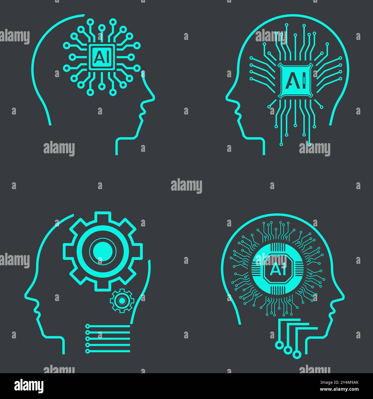 Raccolta di icone di intelligenza artificiale con stile di linea, apprendimento automatico, testa robotica intelligente e tecnologia di intelligenza artificiale digitale di rete di cloud computing Illustrazione Vettoriale