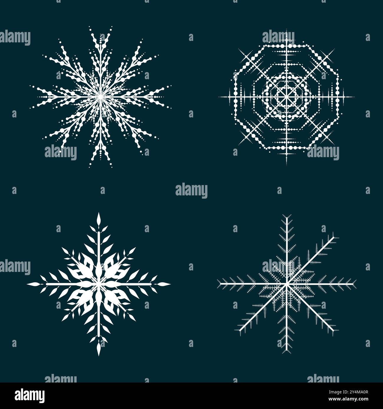 Quattro diverse icone di neve piatta, silhouette. Bell'elemento per il banner natalizio, i biglietti. Concetto di ornamento per l'anno nuovo Illustrazione Vettoriale