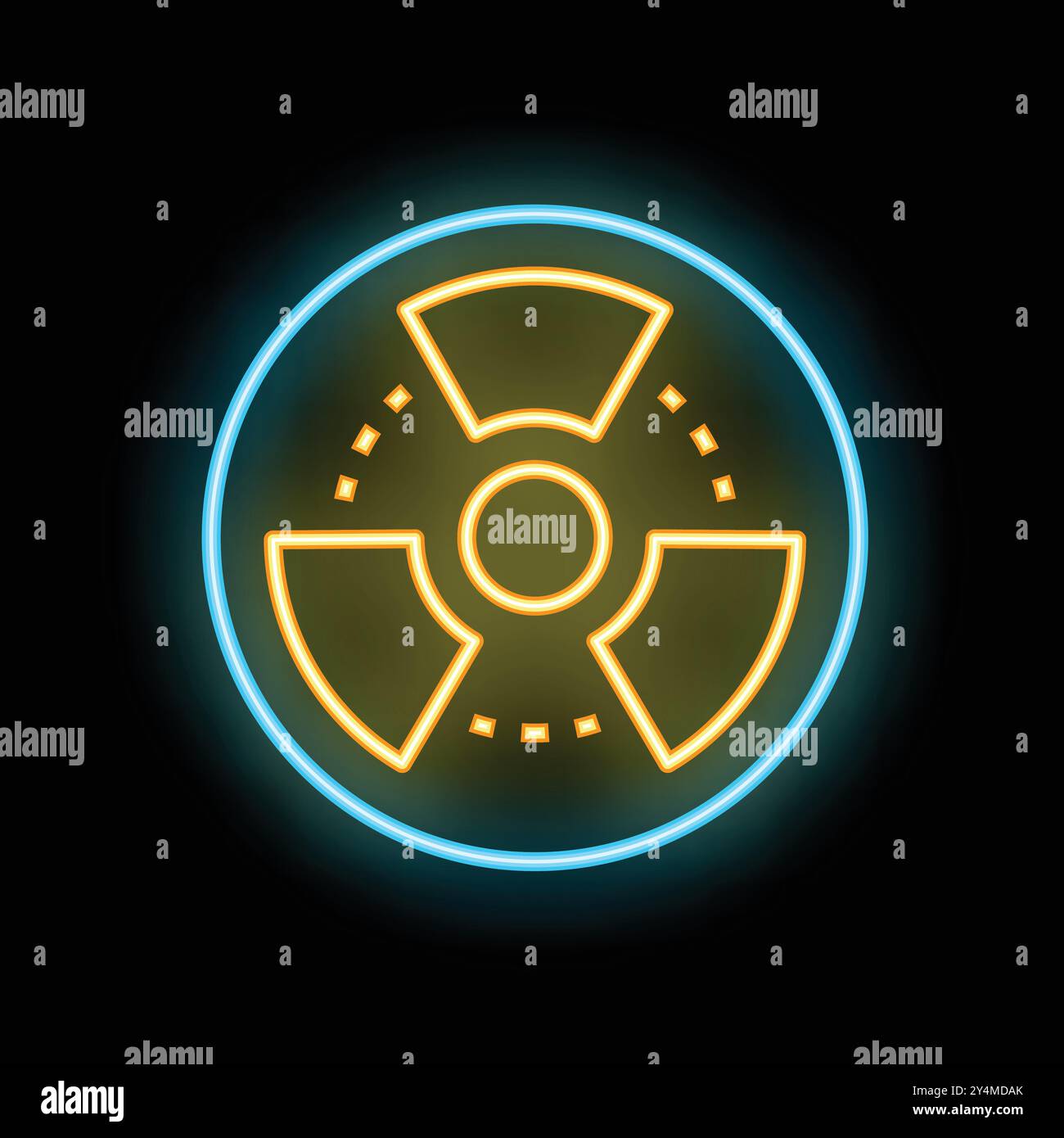 Cartello al neon che rappresenta il simbolo della radioattività, giallo e blu acceso contro una parete nera Illustrazione Vettoriale