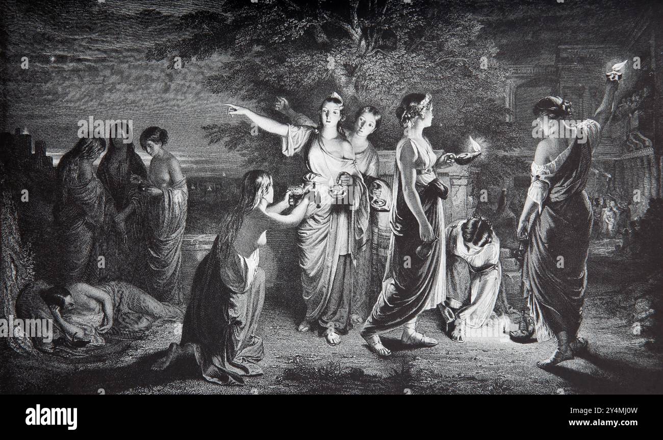 Le dieci Vergini della pittura di Jas. Eckford Lauder - dieci Vergini sono usciti per incontrare lo sposo 5 erano saggi 5 erano sciocchi, i saggi hanno preso la loro Foto Stock