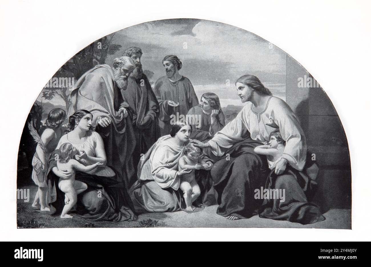 Illustrazione di Gesù Cristo Benedizione dei bambini piccoli da Pittura di H.. Le, Jeune nell'edizione 1902 della Bibbia del bambino stampò Cassell and Co Foto Stock