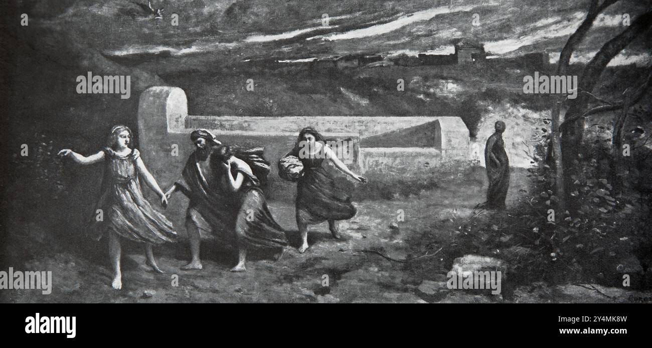 Illustrazione della fuga di Lot e della sua famiglia da Sodoma con la distruzione di Sodoma e Gomorra alle spalle e sua moglie trasformata in un pilastro di Sal Foto Stock
