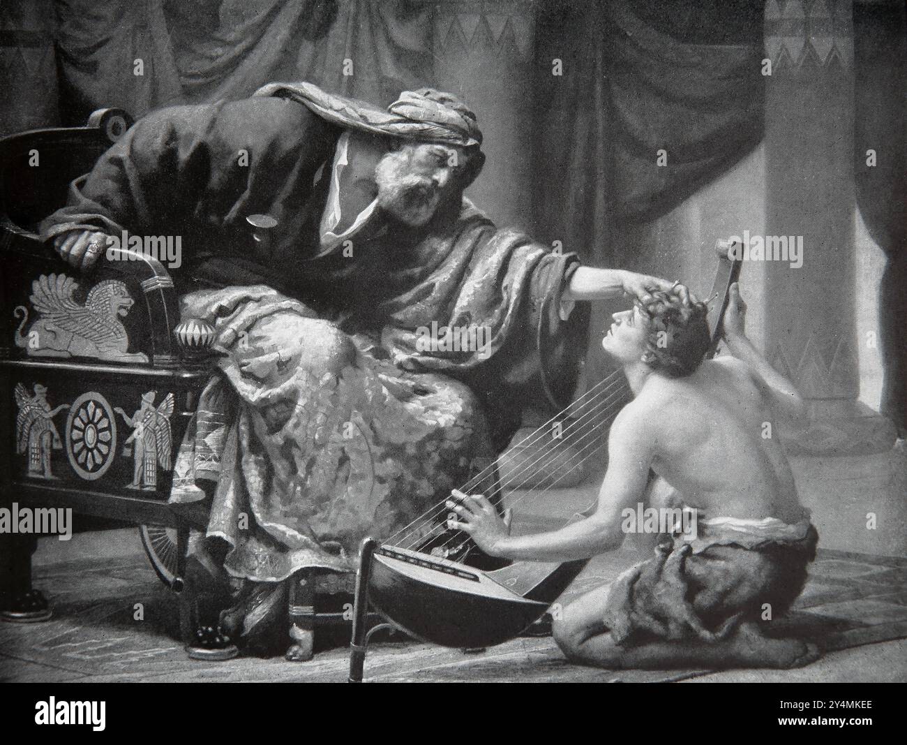 Illustrazione di Davide mandato a suonare l'arpa per re Saul per calmarlo quando lo Spirito del male viene su di lui (Samuel) da un dipinto di Ernest Normand Foto Stock Illustrazione di Davide mandato a suonare l'arpa per re Saul per calmarlo quando lo Spirito del male viene su di lui (Samuel) da un dipinto di Ernest Normand Foto Stock
