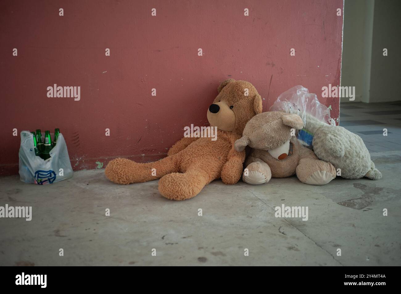 27.06.2016, Singapore, Repubblica di Singapore, Asia - orsacchiotti ripieni scartati giacciono a terra accanto alle bottiglie di birra vuote in un blocco di alloggiamento HDB. Foto Stock