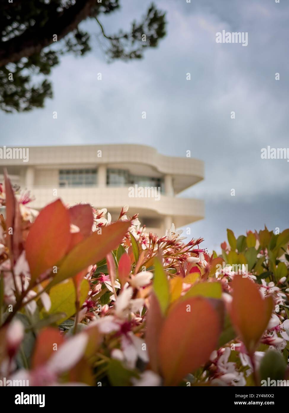 Los Angeles, USA - 30 marzo 2024: Facciata del Getty Center contro il cielo nuvoloso Foto Stock