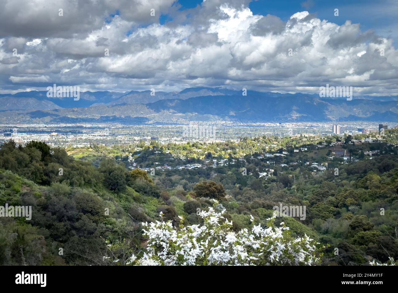 Vista panoramica della San Fernando Valley chiamata "The Valley", California, USA, contro il cielo blu con le nuvole Foto Stock