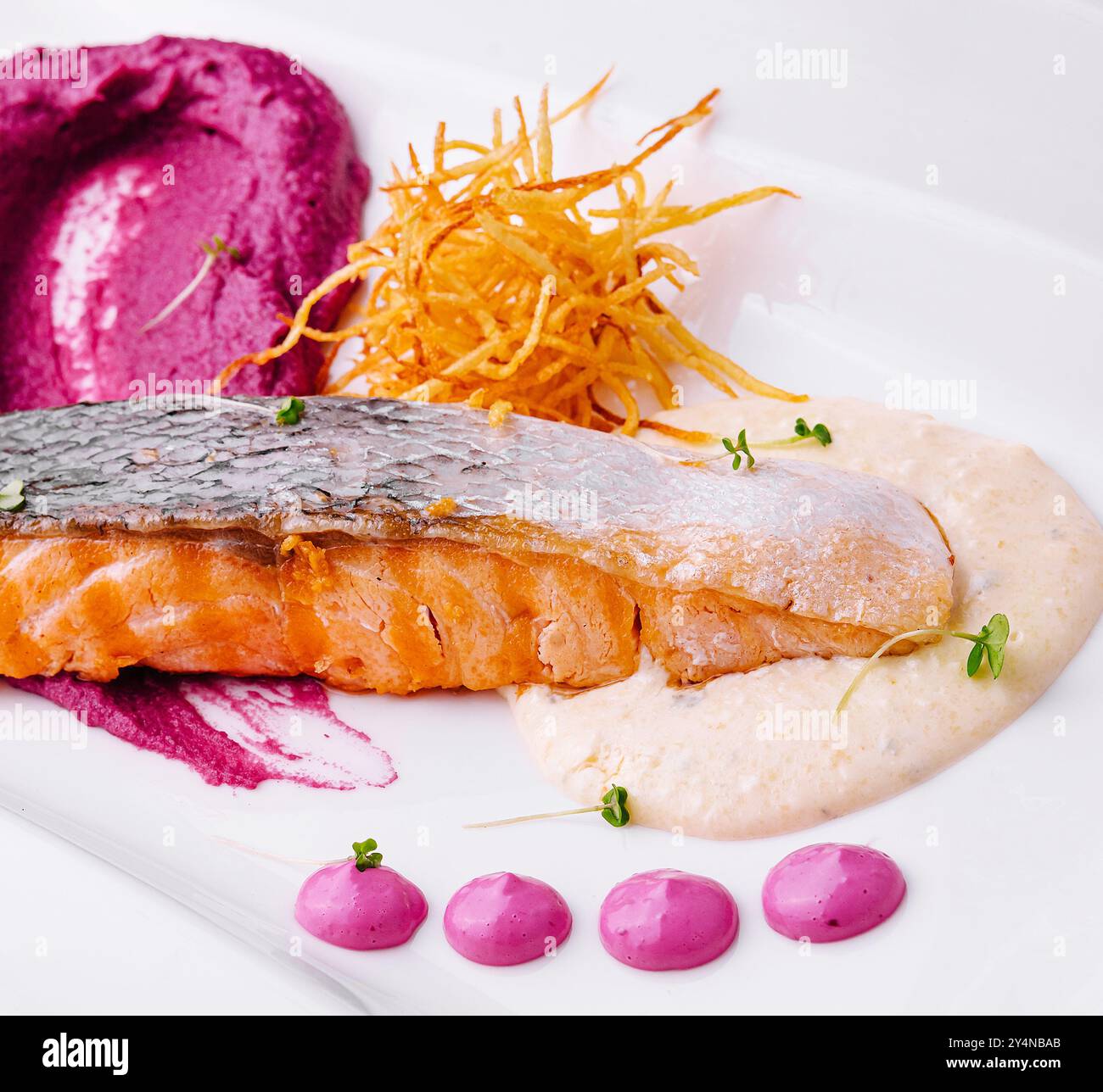 Salmone con purea di barbabietole e salsa panna Foto Stock