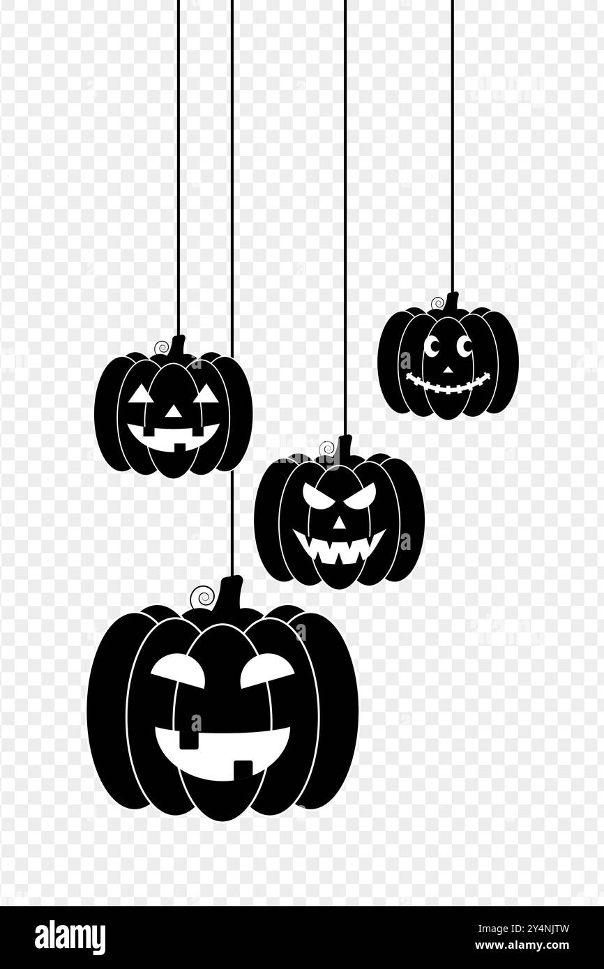 Illustrazione vettoriale che mostra le zucche di Halloween appese su sfondo trasparente Illustrazione Vettoriale