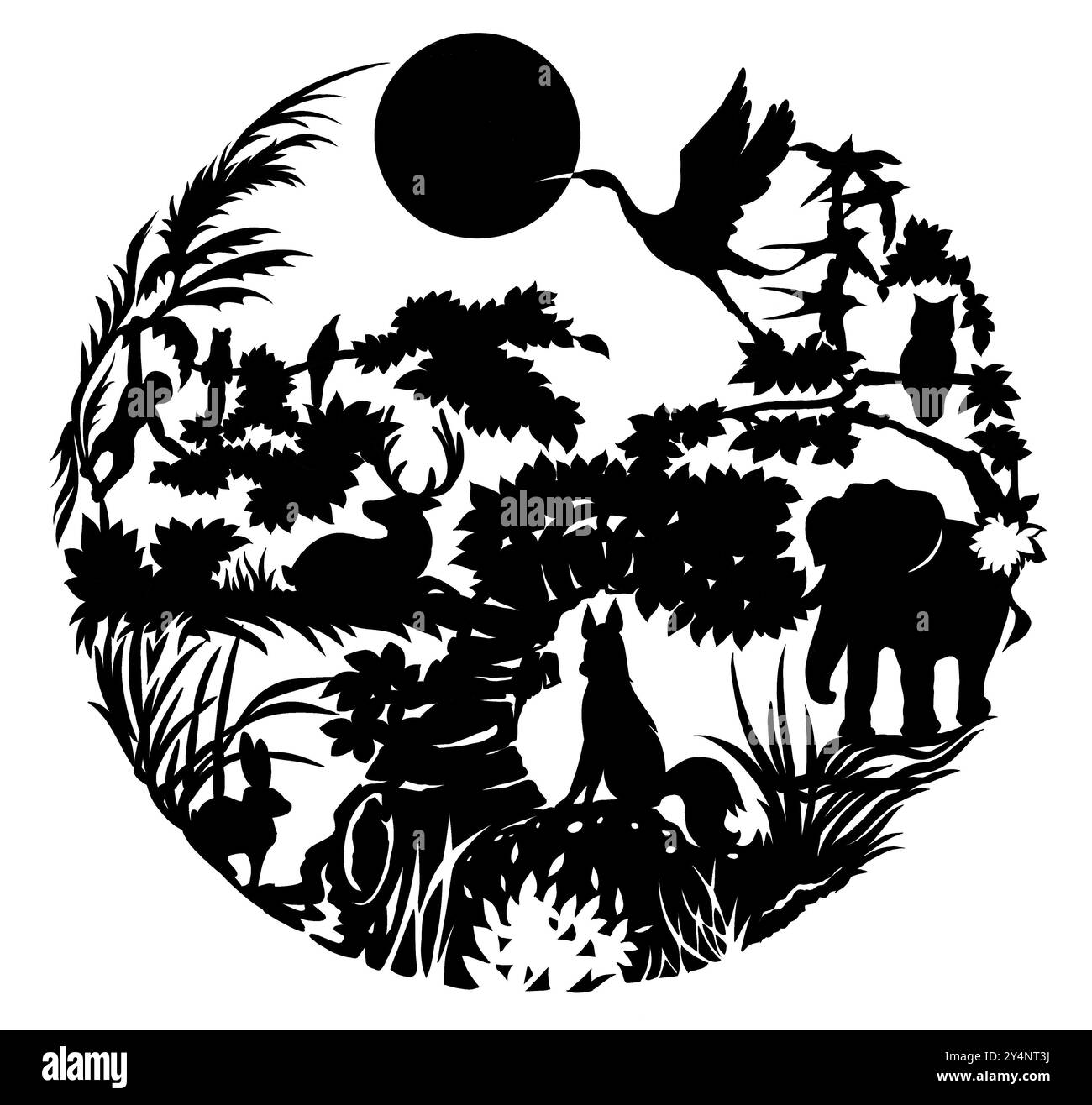 Illustrazione della silhouette di foglie di animali di colore nero e alberi nella giungla tropicale a forma di cerchio Foto Stock