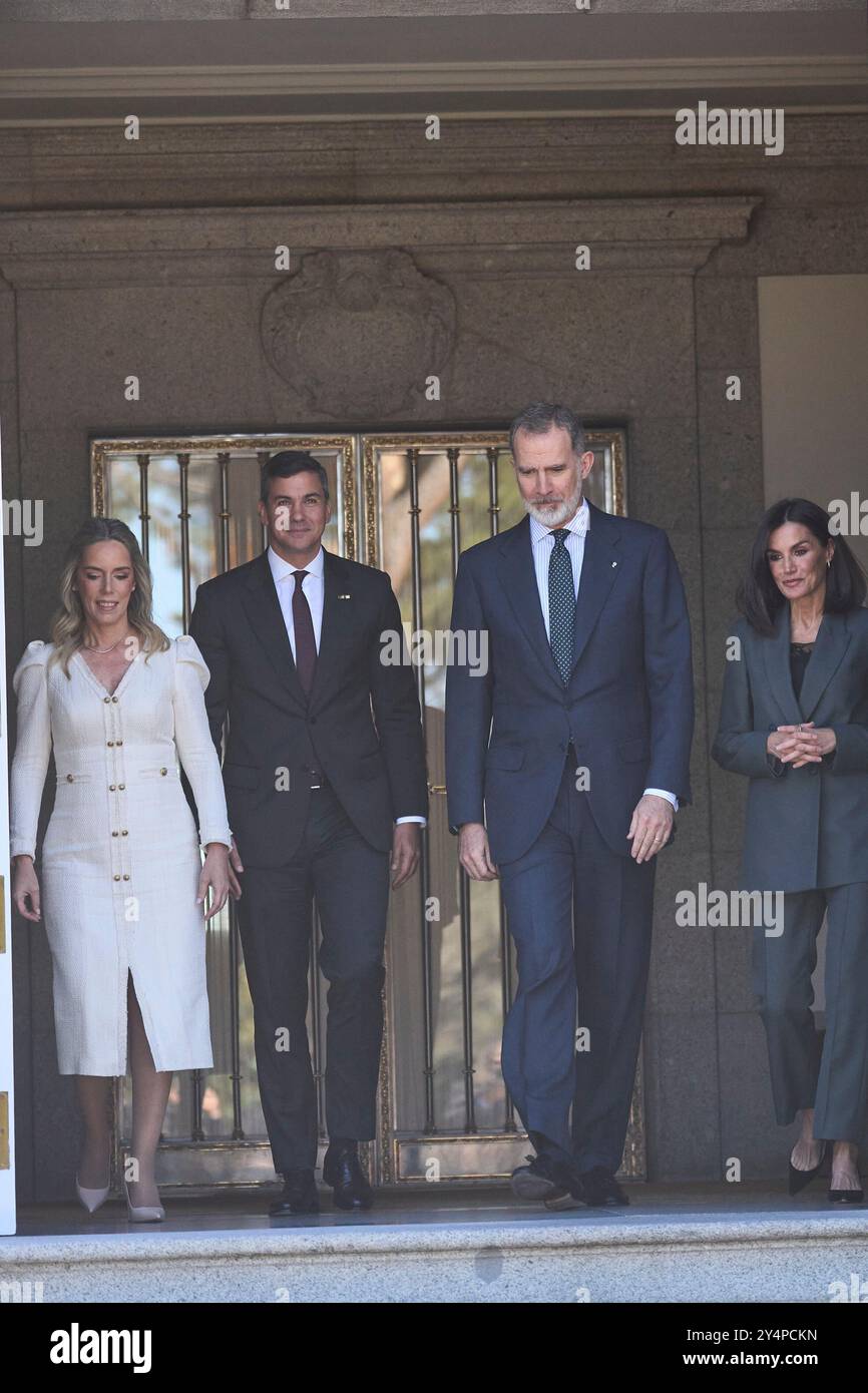 Il re Felipe vi di Spagna, la regina Letizia di Spagna, Santiago pena Palacios, Leticia Ocampos partecipa a un pranzo in onore del presidente del Paraguay e della moglie al Palazzo Zarzuela il 28 febbraio 2024 a Madrid, Spagna. Foto Stock