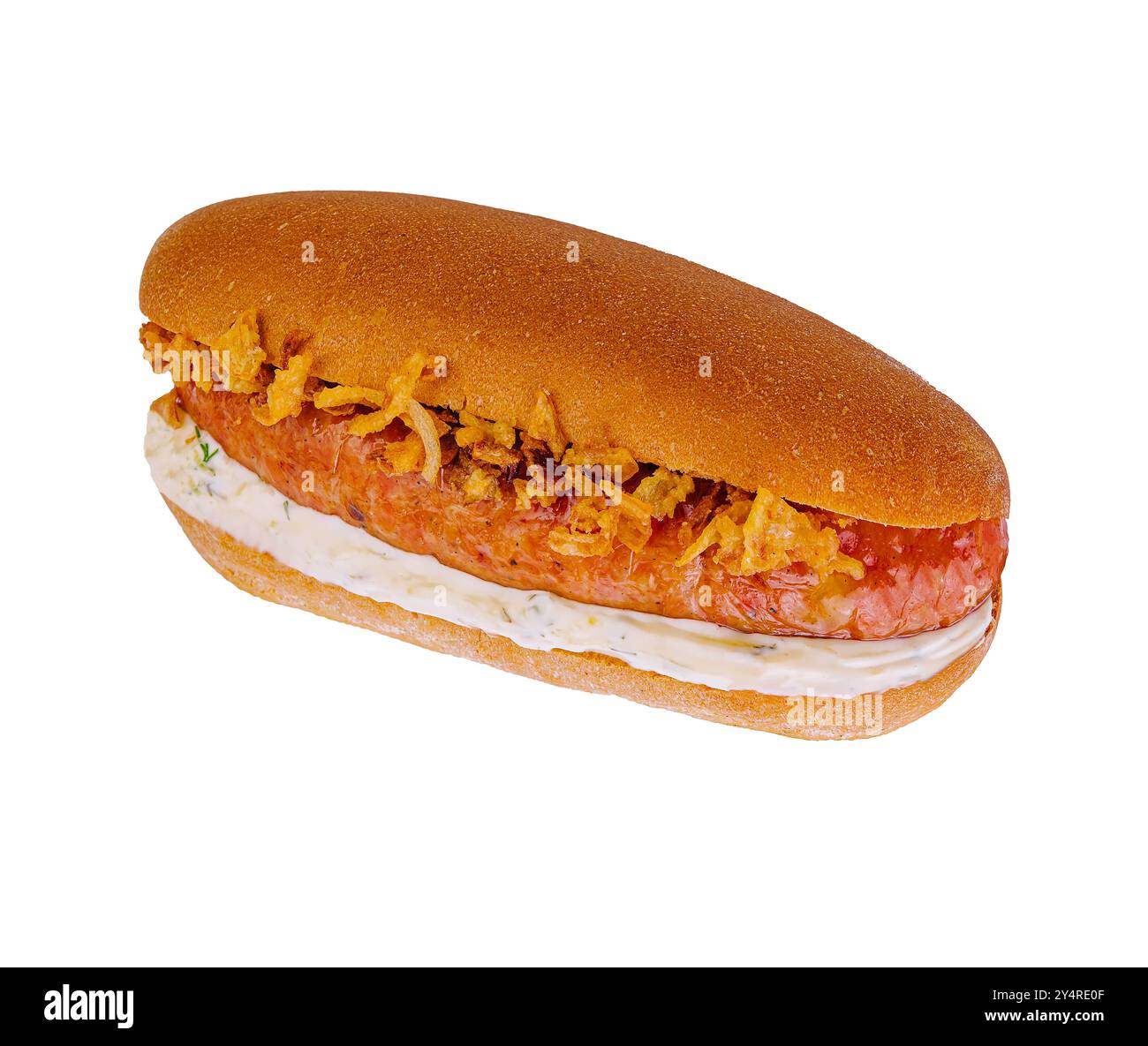 Hot Dog con salsiccia, maionese e cipolle fritte Foto Stock