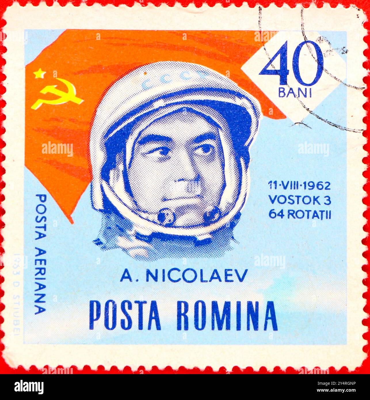 Foto di un francobollo rumeno bani del 40 con Vostok 3 Cosmonaut Andrijan Nikolajev emesso nel 1964 dalla serie astronauti e cosmonauti Foto Stock