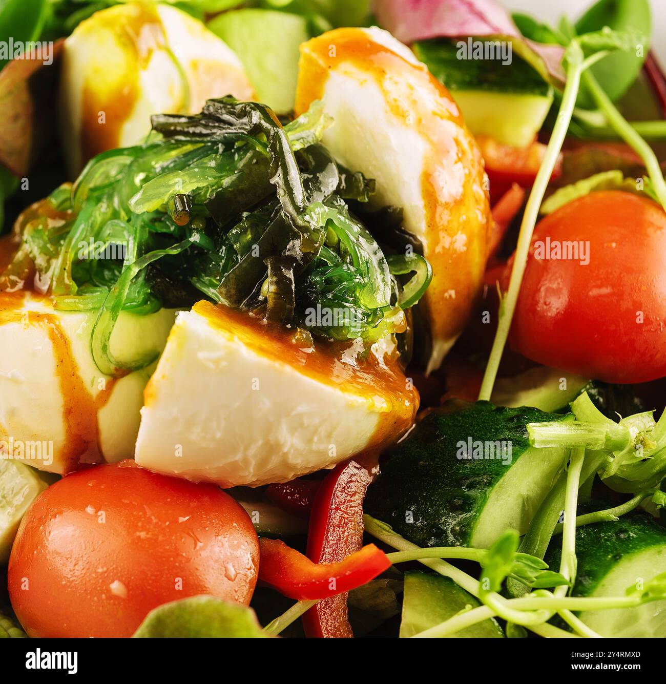 Insalata di burrata con alghe, cetrioli e pomodori Foto Stock