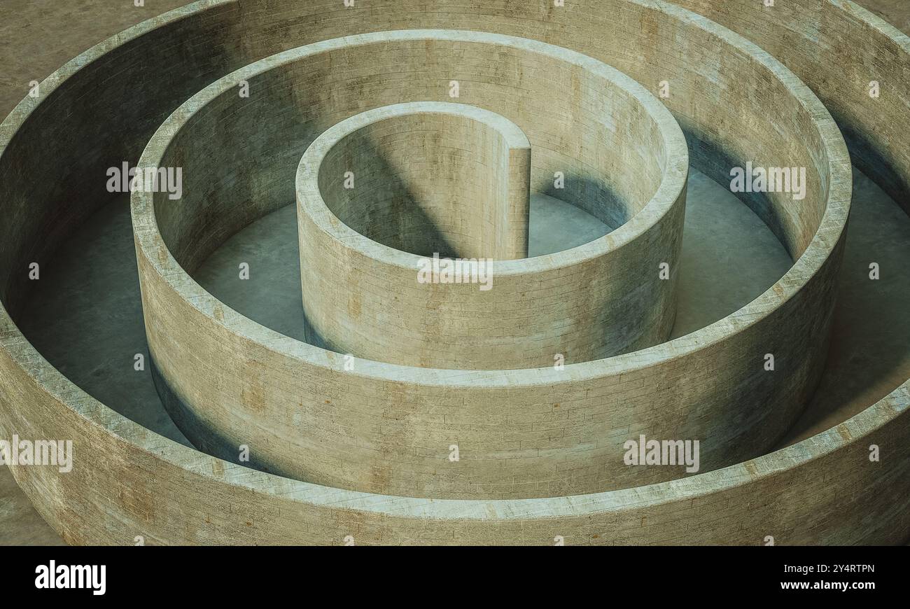 Struttura a spirale in calcestruzzo, ombre labirintiche circolari su sfondo 3d. Foto Stock