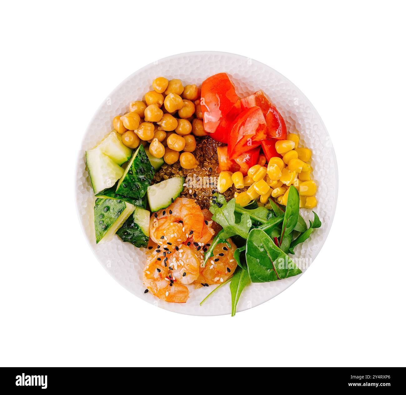 Vista dall'alto di una colorata e nutriente ciotola vegana di buddha isolata su uno sfondo bianco Foto Stock