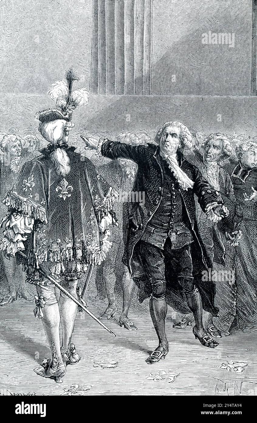 INIZIO DELLA RIVOLUZIONE FRANCESE — MIRABEAU SFIDA L'ORDINE DEL RE. — La didascalia dei primi anni '1900 recita: La rivoluzione francese ebbe inizio quando, nel 1789, Luigi XVI ordinò ai rappresentanti del popolo comune di lasciare la grande sala dove li aveva riuniti, e di sottomettersi alla dettatura dei nobili e del clero. Mirabeau, un capo dei comuni, saltò ai suoi piedi e disse al flunky con lacci d'oro che portò l'ordine: "Vai a dire al tuo padrone che siamo qui per volontà del popolo; e nient'altro che baionette possono guidarci immediatamente" la rivoluzione era iniziata". Foto Stock