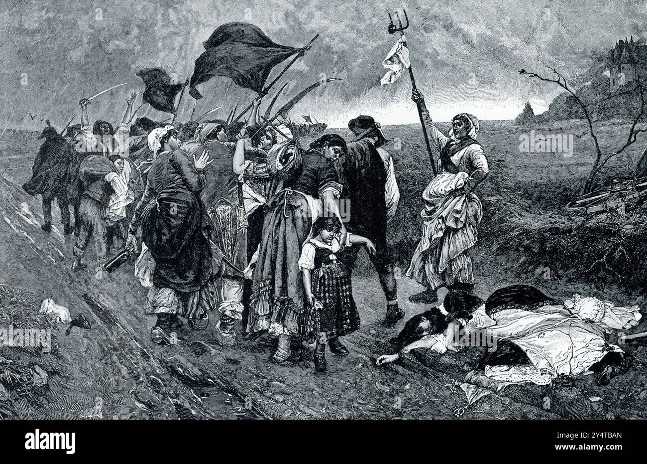 RIVOLTA DEI CONTADINI FRANCESI NEL 1789. — La didascalia dei primi anni '1900 recita: "È stata la contadina di campagna della Francia a soffrire maggiormente della tirannia dei suoi re. Furono quindi questi contadini brutalizzati ad essere all'inizio più selvaggi nella rivolta. Essi assaltarono i castelli della nobiltà, li bruciarono e uccisero i padroni che li avevano a lungo calpestati. Era un periodo selvaggio; uno strano mescolamento delle emozioni più alte e più basse, come suggerito qui.” Foto Stock