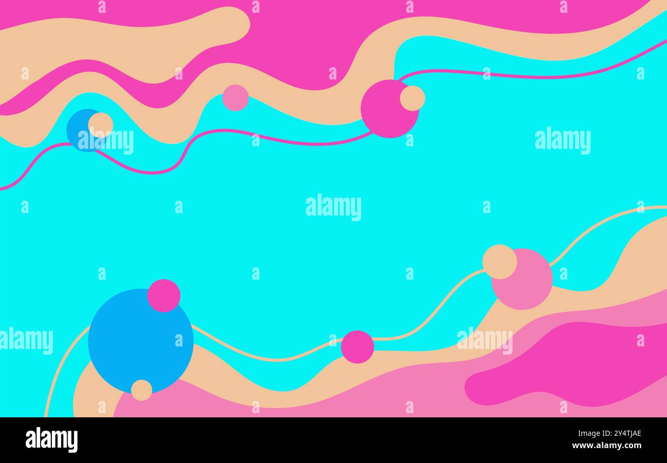 Forme ondulate e cerchi di rosa, blu e pesca astratti, sfondo adatto per progetti di design che richiedono un'estetica colorata e vivace. Illustrazione Vettoriale
