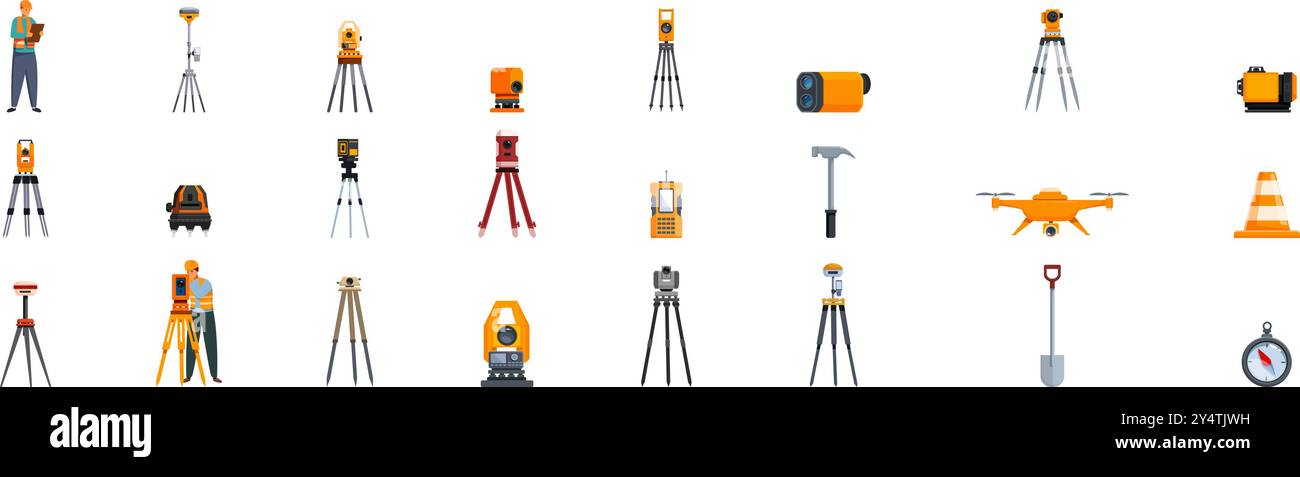 Set di icone delle apparecchiature geodetiche. Set di apparecchiature Surveyor per misurare terra e altezza con icone della tecnologia moderna in stile piatto Illustrazione Vettoriale