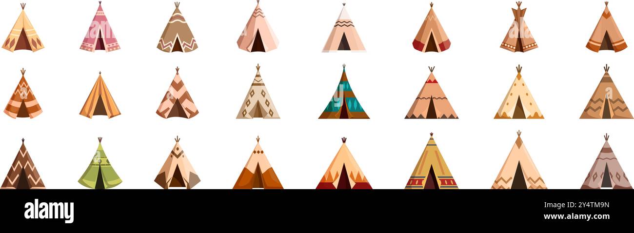 Icone tenda teepee impostate. Set di diversi tepee nativi americani con ornamenti etnici che hanno una forma tradizionale per vivere all'aperto Illustrazione Vettoriale