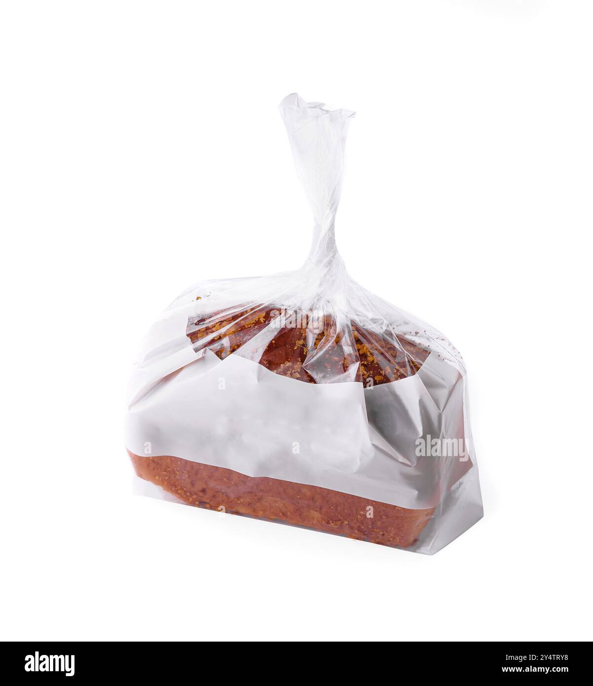 Il pane appena sfornato è contenuto in un sacchetto di plastica trasparente con un'etichetta bianca vuota, pronto per il branding e la vendita Foto Stock