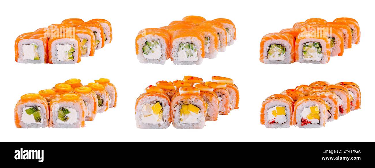 Sei diversi tipi di sushi roll uramaki sono disposti su uno sfondo bianco, creando una composizione bella e appetitosa Foto Stock