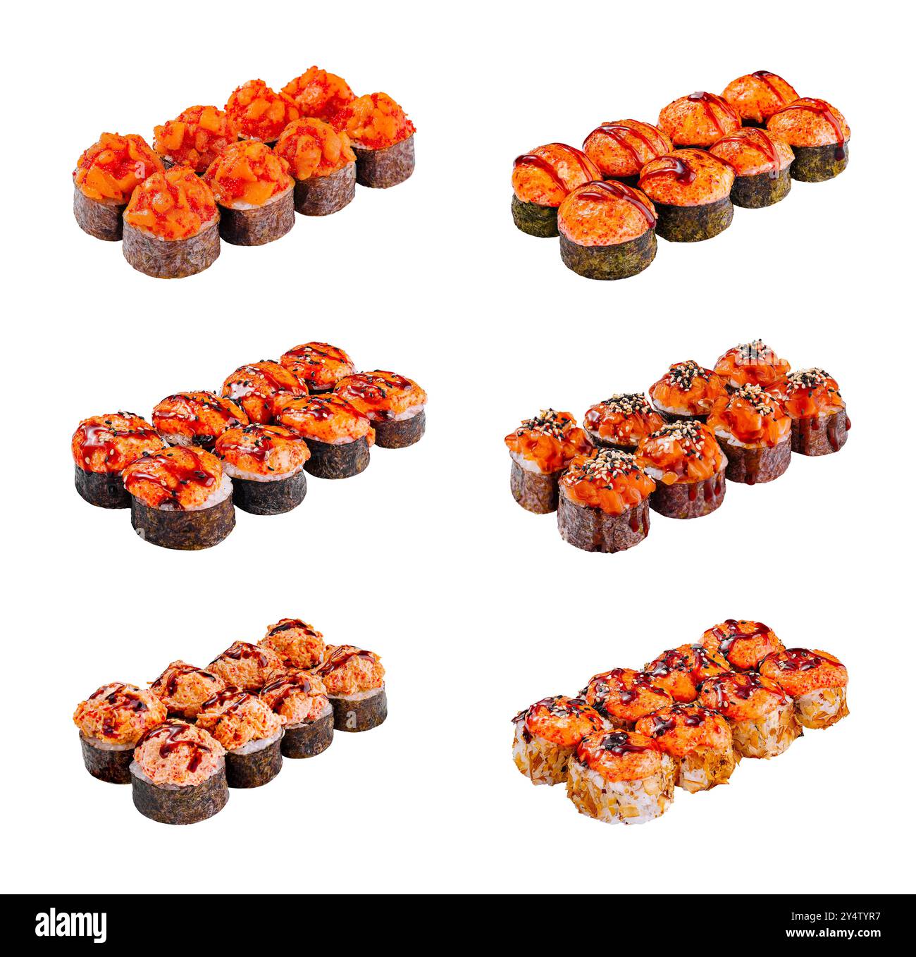 Sei diversi tipi di sushi panini al forno con vari condimenti sono presentati su uno sfondo bianco e pulito, a dimostrazione della loro diversità e deliziosa applicazione Foto Stock
