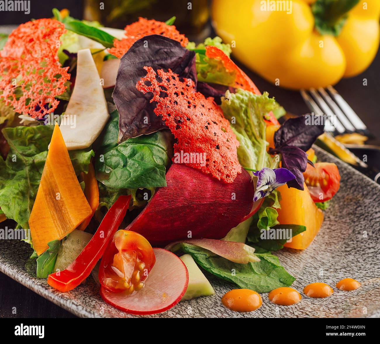 Colorata insalata vegetariana con patatine di barbabietola e fiori commestibili viene servita su un tavolo del ristorante Foto Stock Colorata insalata vegetariana con patatine di barbabietola e fiori commestibili viene servita su un tavolo del ristorante Foto Stock