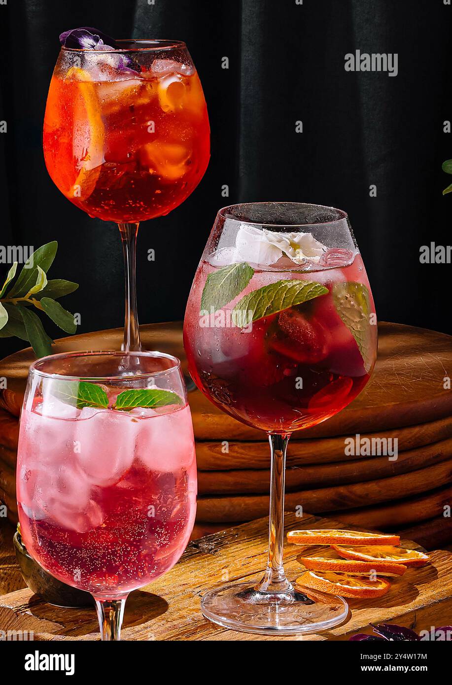 Collezione variegata di cocktail artigianali presentati artisticamente su uno sfondo scuro ed elegante con vegetazione Foto Stock