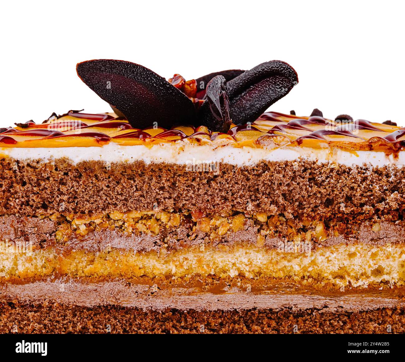 Fetta di torta con cioccolato e caramello che mostra i suoi strati multipli in una sezione tagliata su sfondo bianco Foto Stock