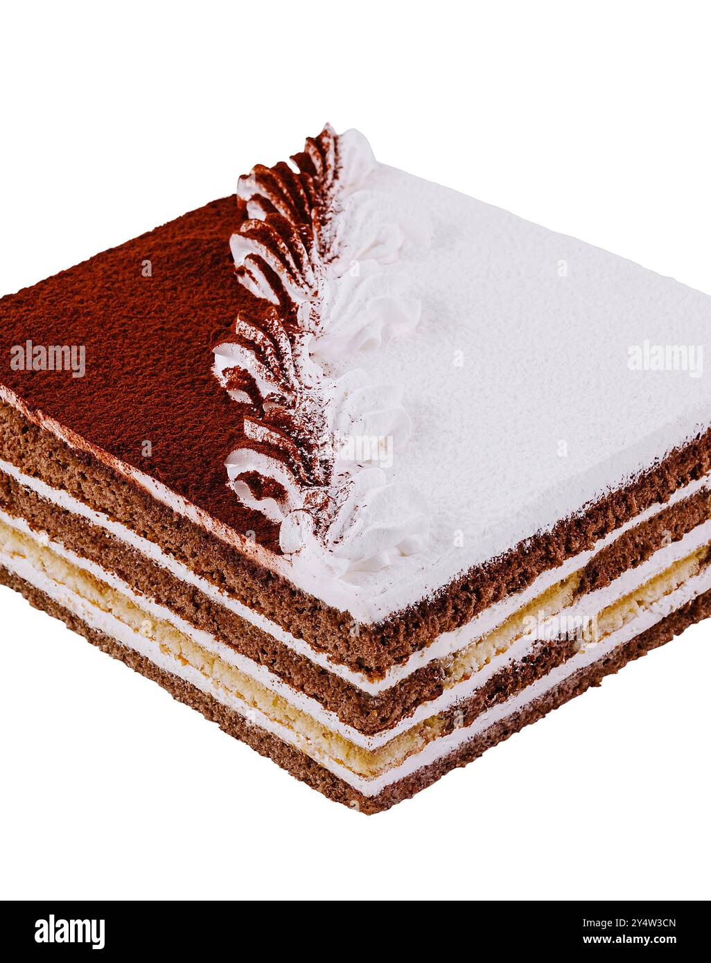 Torta di tiramisù quadrata con strati di biscotti imbevuti di caffè, crema di mascarpone e cacao in polvere, condita con delicate decorazioni di panna montata Foto Stock