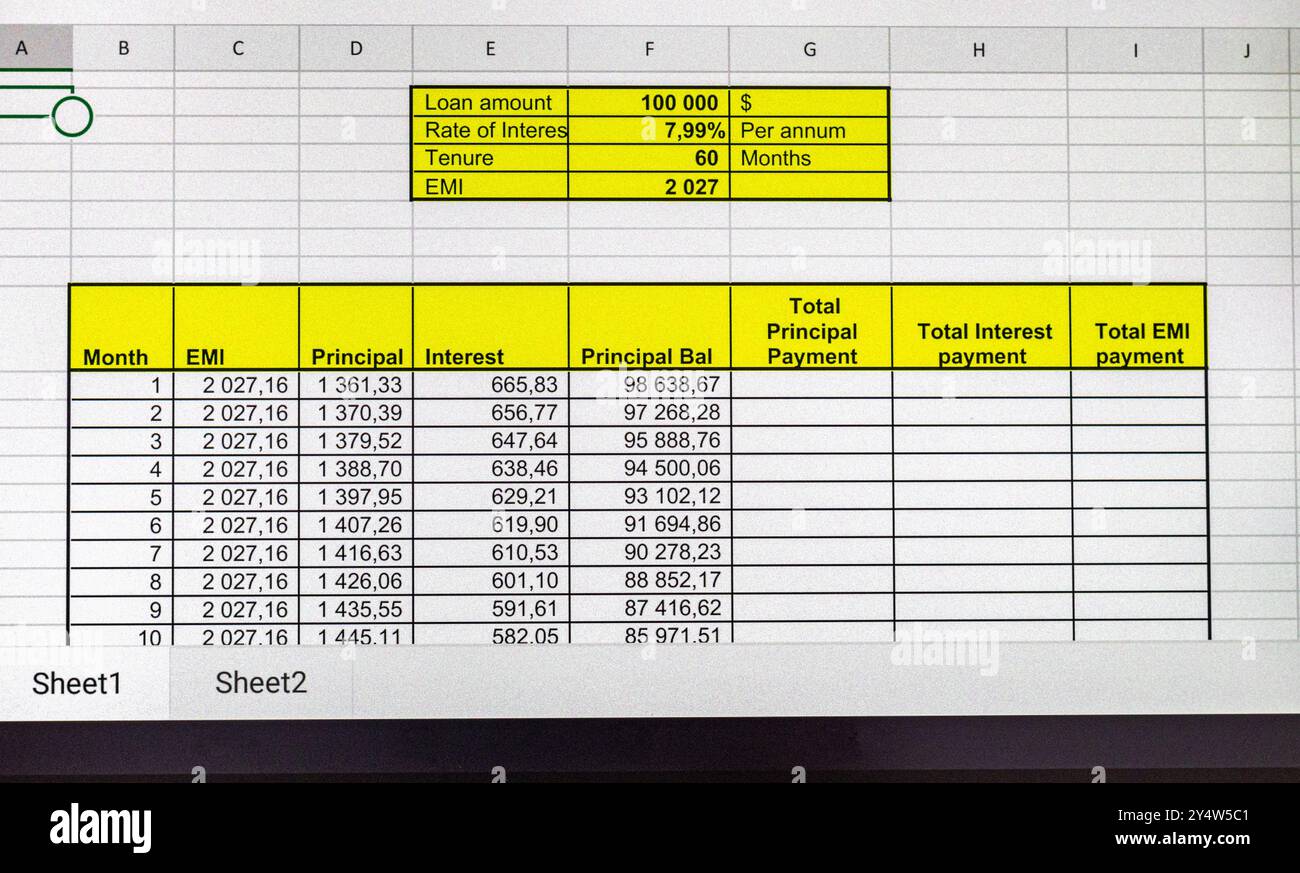 Immagine di un foglio Excel sullo schermo del tablet che mostra la tabella di ammortamento del prestito bancario. Foto Stock