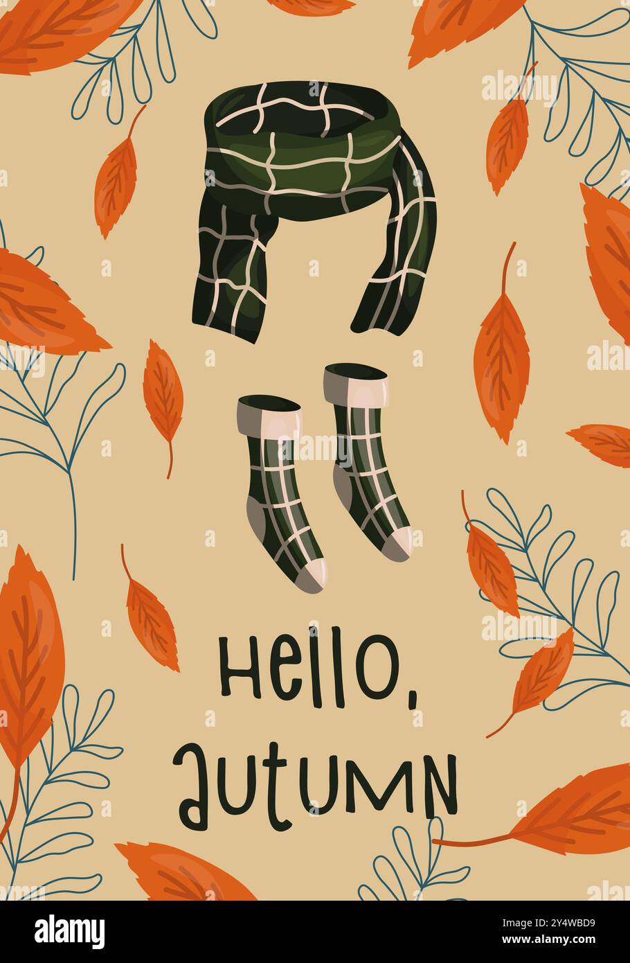 Salve illustrazione vettoriale autunnale. Sciarpa a quadri verde, calze a quadri verdi, foglie autunnali su sfondo beige. Per banner, cartoline e poster Illustrazione Vettoriale