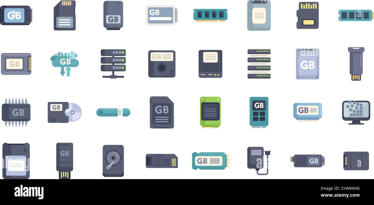 Questa serie di icone illustra vari dispositivi utilizzati per l'archiviazione e il trasferimento dei dati, con particolare attenzione alla capacità di gigabyte Illustrazione Vettoriale