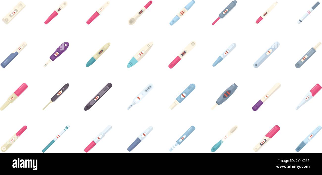 Vari kit per test di gravidanza che mostrano risultati positivi e negativi, ideali per illustrare la pianificazione familiare o argomenti sanitari Illustrazione Vettoriale