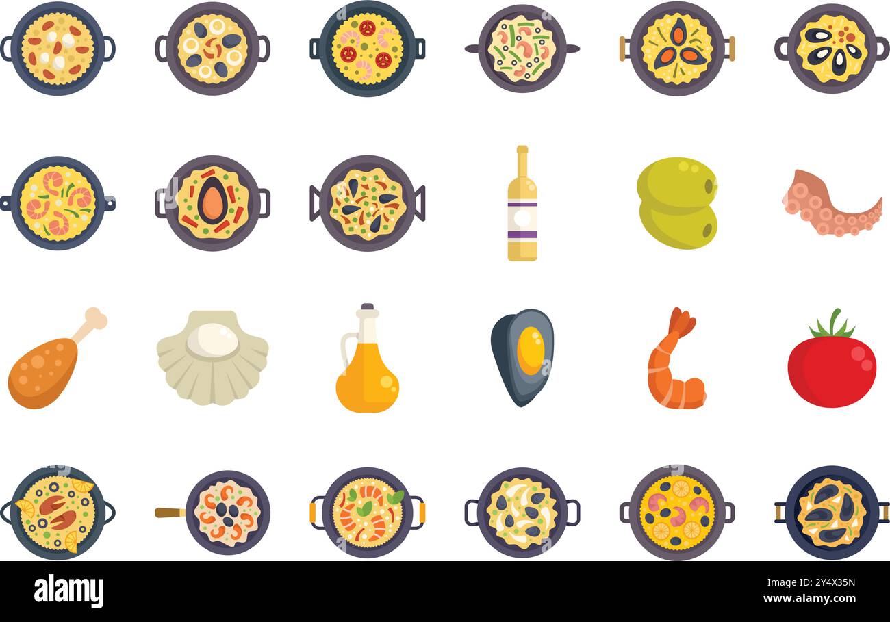 Questo set comprende vari tipi di paella, un amato piatto spagnolo, insieme a ingredienti essenziali, catturati in una vista dall'alto, in stile vettoriale piatto Illustrazione Vettoriale
