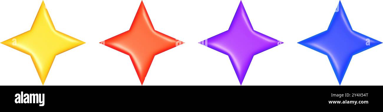 icone a forma di stella 3d gialle, rosse, viola e blu isolate. Illustrazione vettoriale Illustrazione Vettoriale